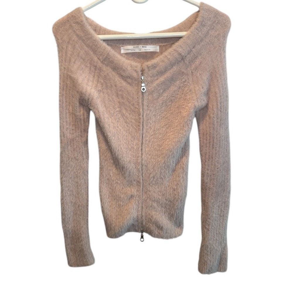 Silence + Noise Women Pink Fuzzy Full Zip Cardigan Sweater M Soft Girl Cozy